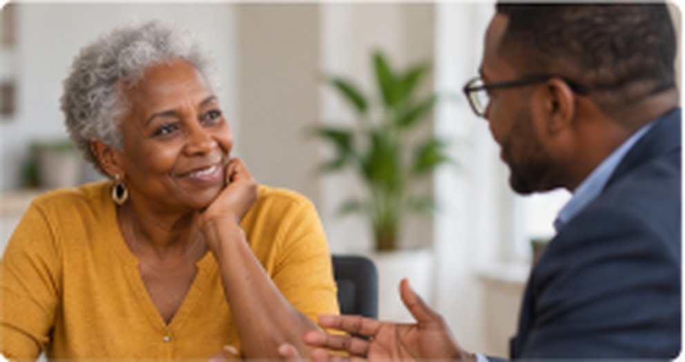 An older woman speaking with a gift planner